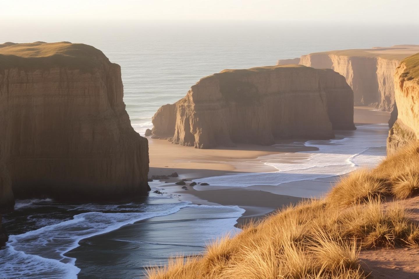 Sandstone cliffs and a wide beach catching golden late-afternoon light