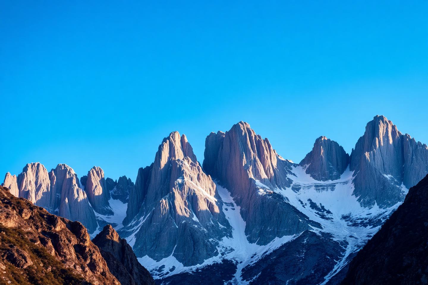 Rocky peaks with patches of snow under a blue late-afternoon sky